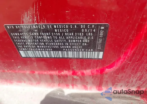 2014 Volkswagen Jetta 1.8T Se from USA, damaged, VIN 3VWB17AJ1EM441689